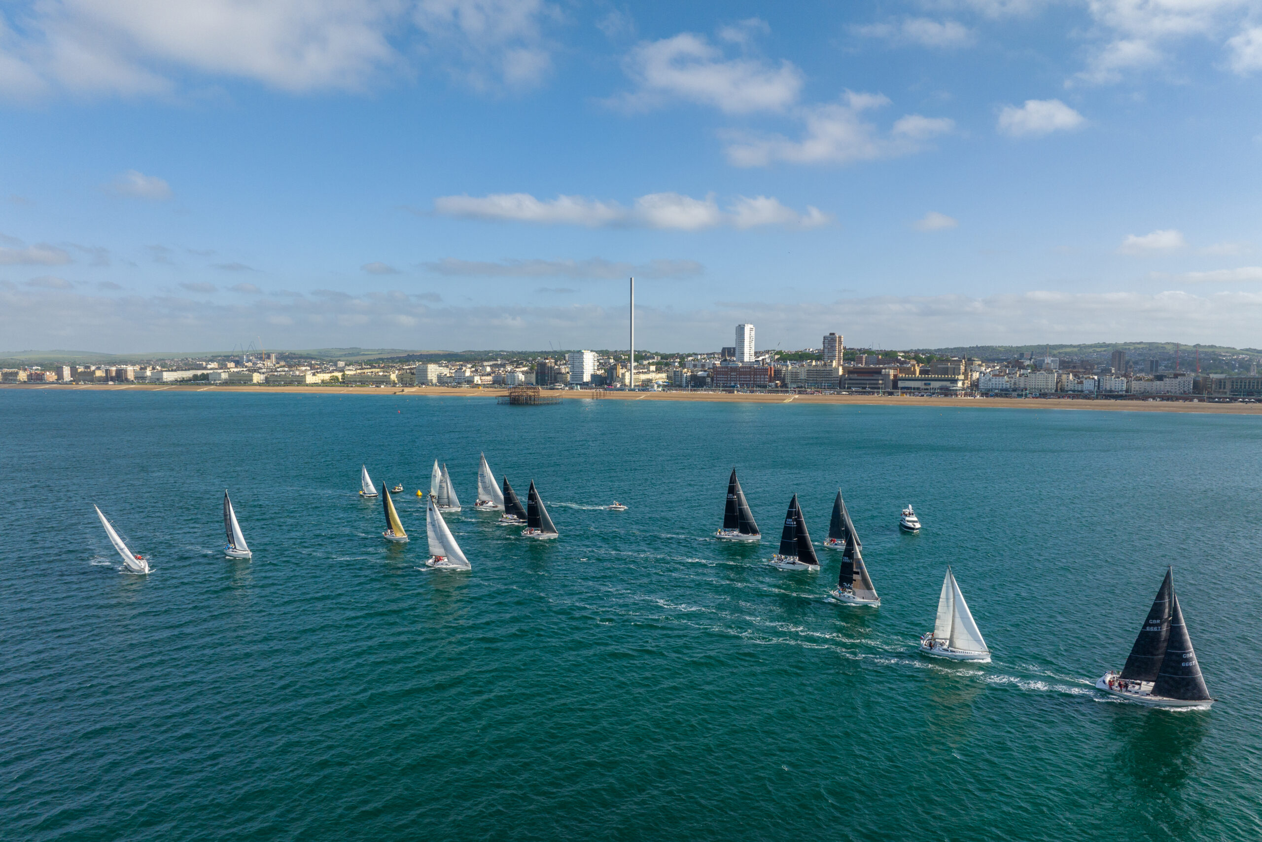 Yachts racing from Brighton to Fécamp in the Royal Escape Race 2025, retracing King Charles II's historic escape route.